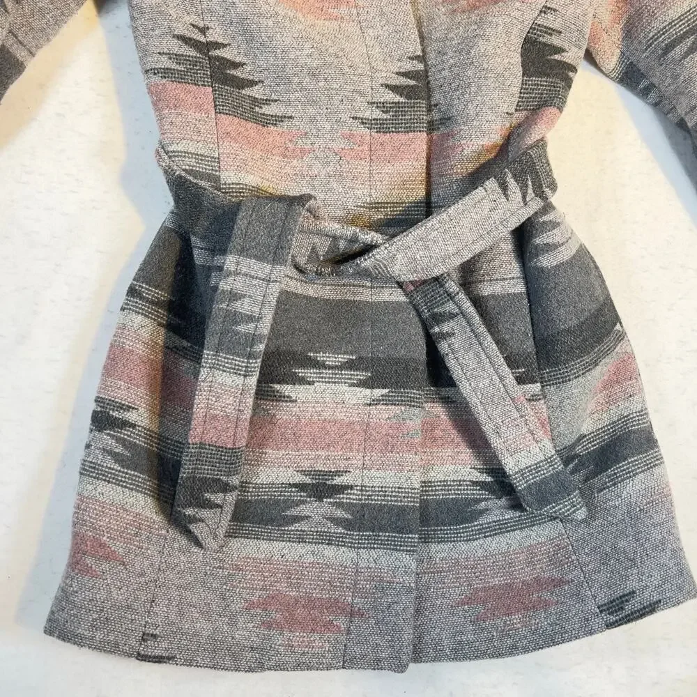 Coffee Shop Kids Mid Length Coat Girl XL Belted DEEEP Hood Poly Wool Blend Aztec